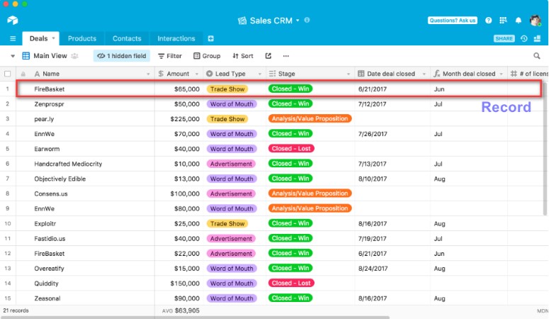 Enregistrements dans Airtable