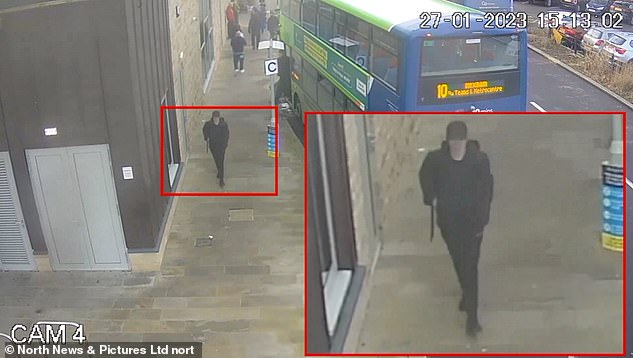 The 17-year-old killer can be seen arriving at Hexham after getting off the bus