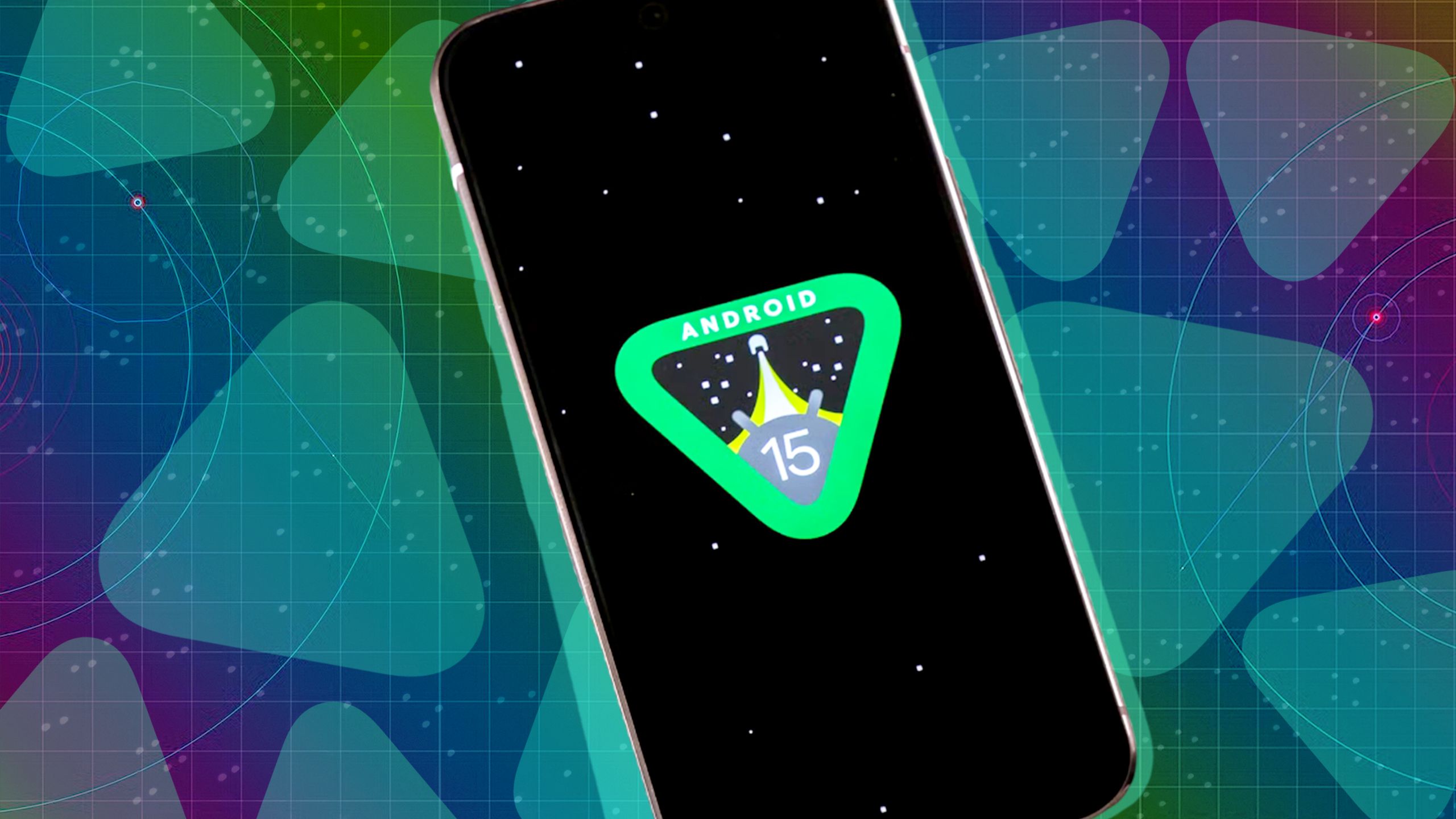 Illustration d'un smartphone avec le logo Android 15 sur fond vert.