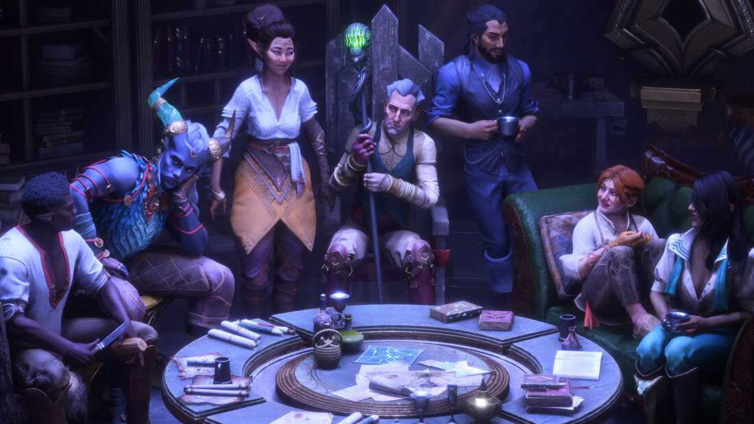 Tous les sept compagnons réunis dans la base du jeu.