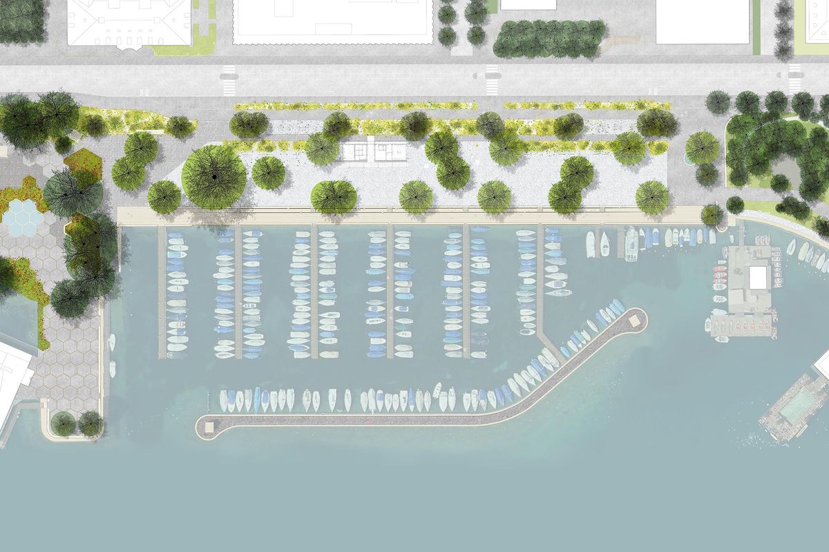 Plan de la nouvelle promenade avec des arbres et du gravier.