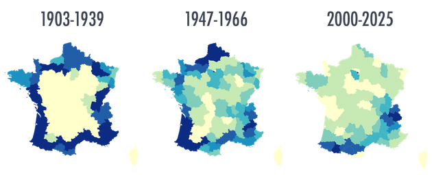Les départements les plus traversés entre 1903 et 2025, une typologie.