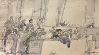 Croquis illustrant les accusés Brahim Chnina, Nabil Boudaoud et Ismael Gamaev lors du procès de l’assassinat de Samuel Paty, le 4 novembre 2024