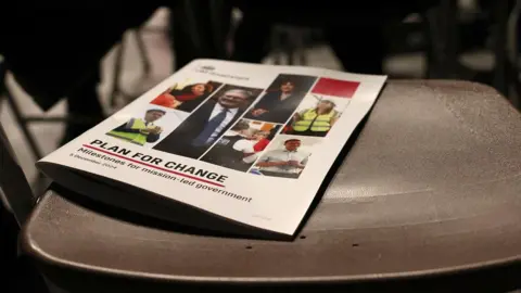 Programme détaillant le 'plan de changement' de Keir Starmer laissé sur une chaise vide lors du discours du Premier ministre