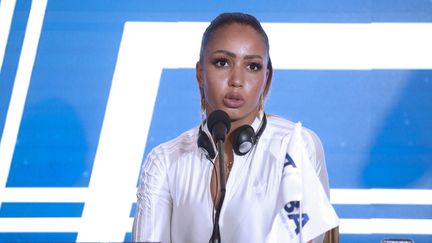 La boxeuse Estelle Mossely lors d'une conférence de presse le 16 novembre 2023 à Paris. (MAXPPP)