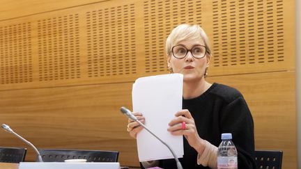 L'actrice Judith Godrèche lors de son audition devant la commission d'enquête parlementaire, le 18 décembre 2024. (VINCENT ISORE / MAXPPP)
