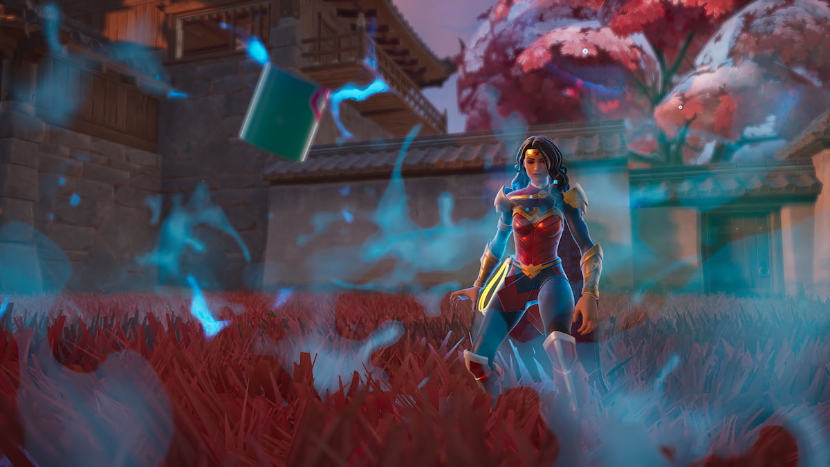 Wonder Woman utilisant Chug Splash pour restaurer ses boucliers dans Fortnite.