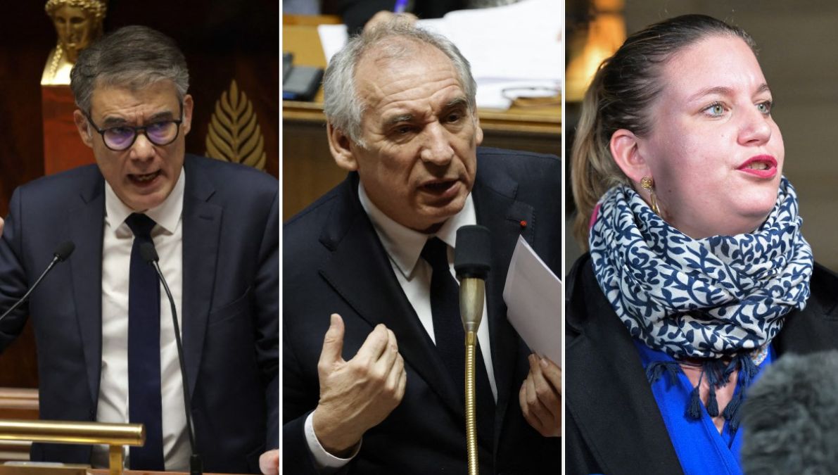 Le socialiste Olivier Faure, le Premier ministre François Bayrou et l'insoumise Mathilde Panot