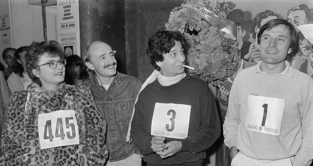 Josiane Balasko, Michel Blanc, Christian Clavier et Bruno Moynot le 8 octobre 1981 à l'inauguration du nouveau Théâtre du Splendid, « Le Splendid Saint-Martin ». ©AFP - Jacques DEMARTHON