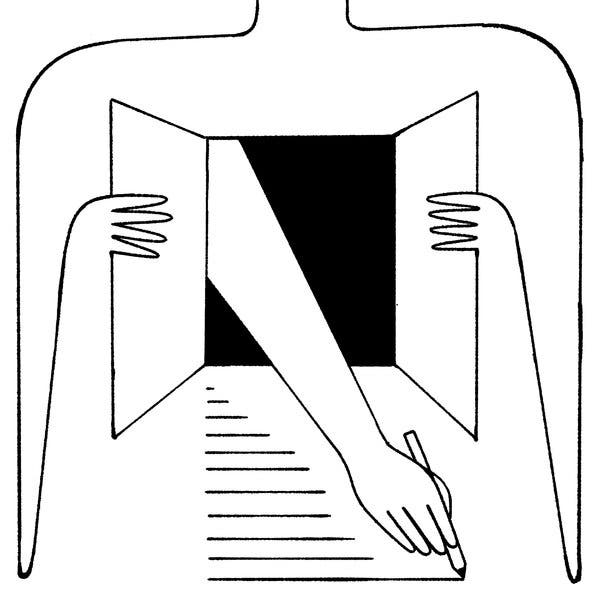 Une illustration d'une personne ouvrant son cœur pour que des mots écrits en sortent.
