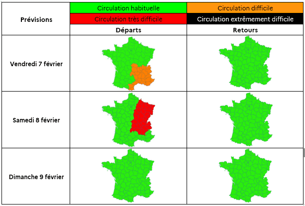 Prévisions de circulation de Bison futé pour le week-end du 7 au 9 février 2025. (BISON FUTE)