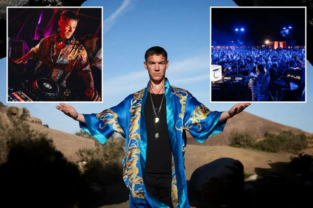 Collage d'un DJ en performance, un homme en robe, et une grande foule lors d'un événement musical.