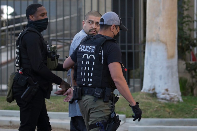 ICE agents apprehending an illegal immigrant