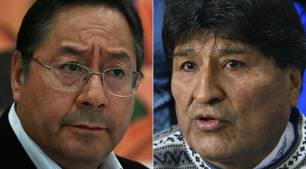 Cette combinaison d'images créée le 28 octobre 2024 montre le président bolivien Luis Arce (G) lors d'une conférence de presse au palais du gouvernement à La Paz, le 31 août 2023, et l'ancien président Evo Morales.