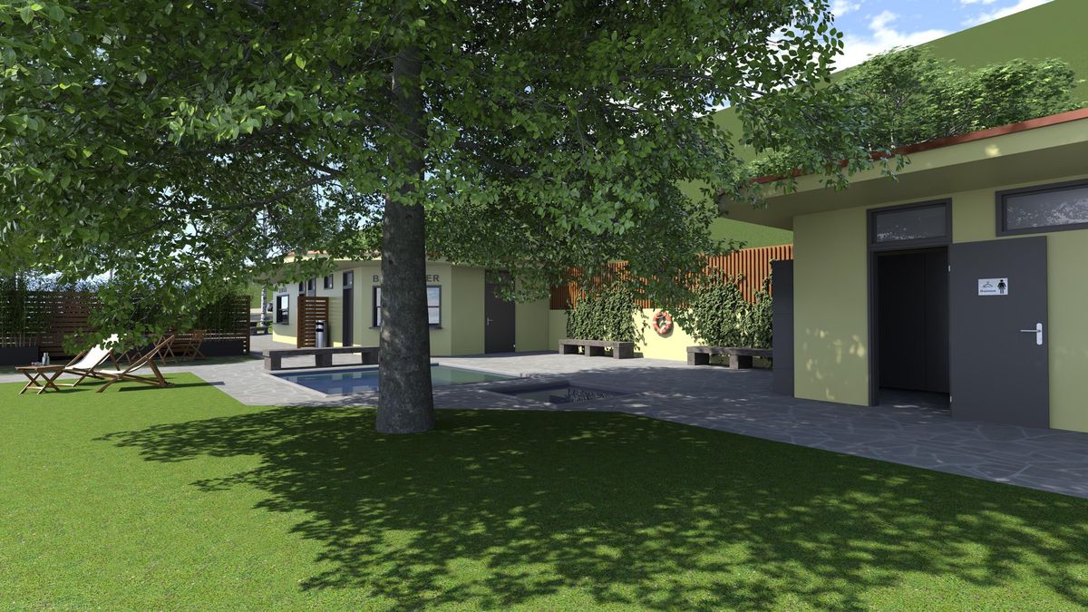 Jardin moderne avec pelouse, arbre central, chaises longues et bâtiments bas en arrière-plan.