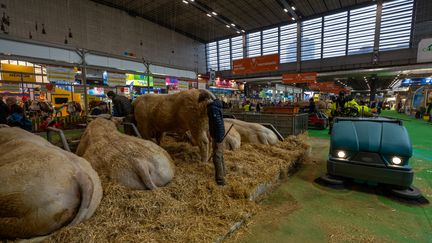 Des agriculteurs participent au Salon de l'agriculture, le 24 février 2025 à Paris. (FREDERIC MOREAU / HANS LUCAS / AFP)