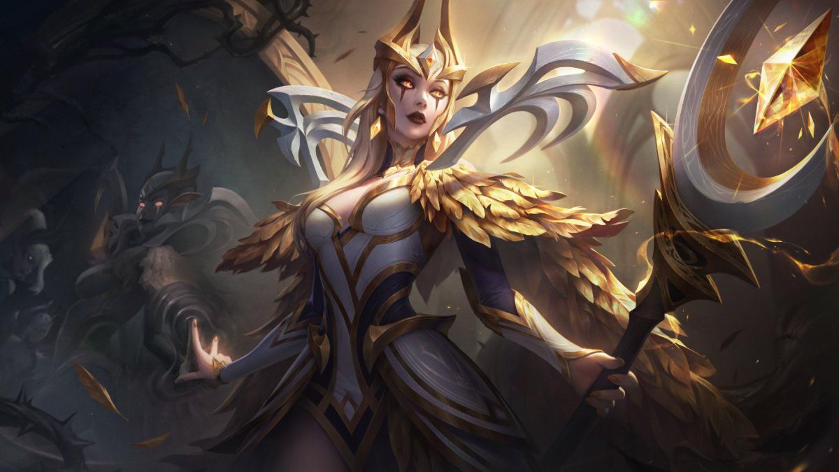 L'art de splash du skin Prestige Coven Leblanc, qui présente l'esthétique dorée des anciens skins Prestige.