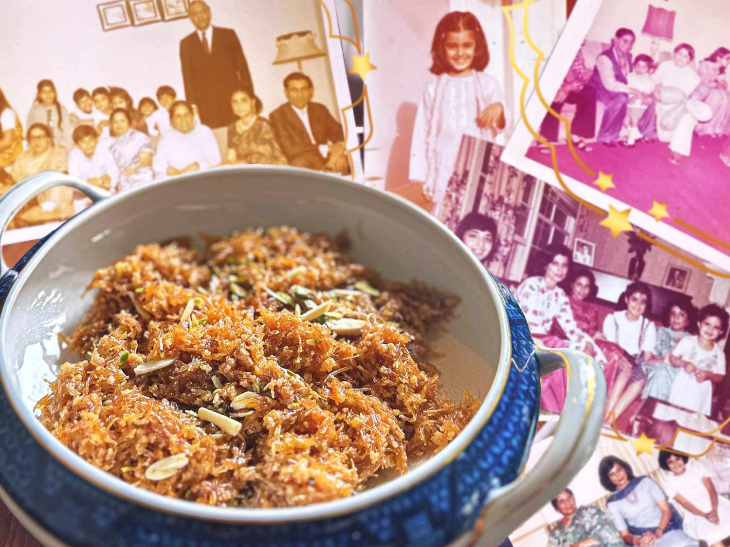 Un plat de seviyan avec des photos de famille de Sumayya Usmani