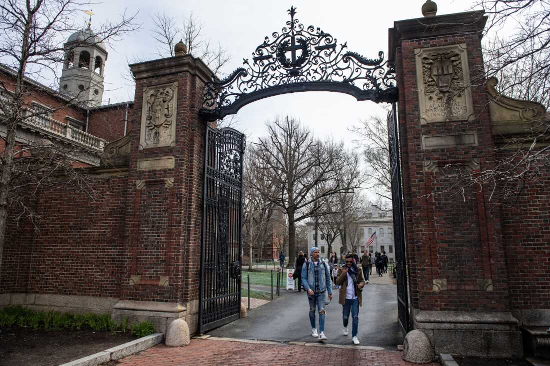 Étudiants quittant Harvard Yard sur le campus de l'université Harvard à Cambridge, Massachusetts, le 15 avril 2025.