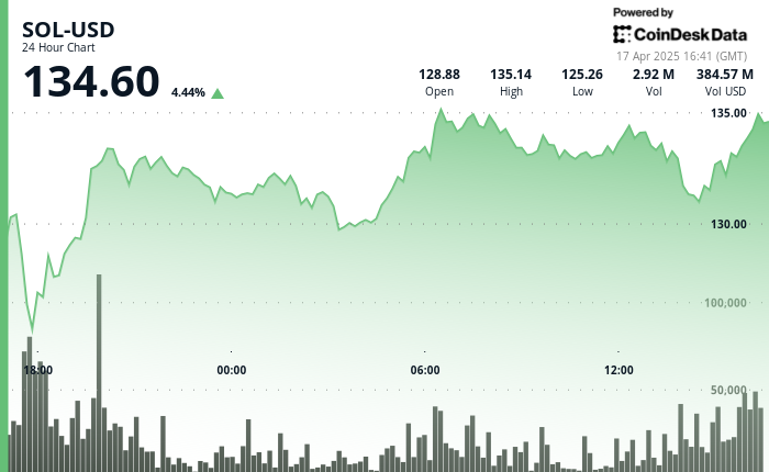 Graphique 24h de Solana avec prix en hausse après l'annonce des ETF