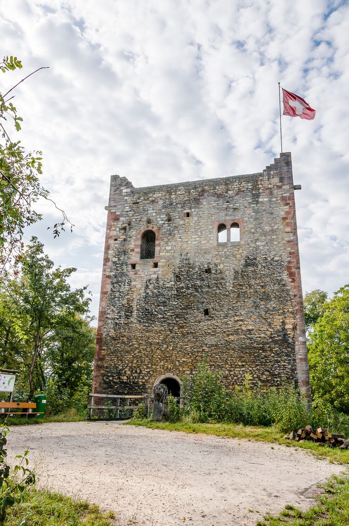 Ruines du château central de Wartenberg à Muttenz entourées de forêt d'automne avec un drapeau suisse au sommet