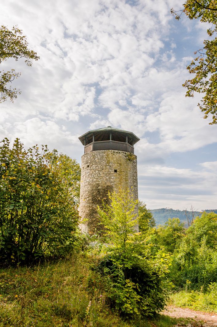 Ruines de la forteresse arrière du Wartenberg à Muttenz entourée de forêt d'automne et un chemin de randonnée