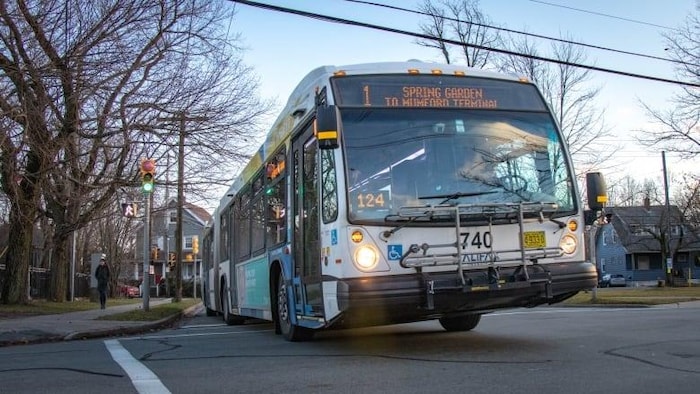 Un autobus du système de transport en commun d'Halifax traverse une intersection du centre-ville de la capitale.