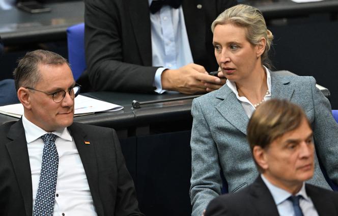 Les dirigeants du parti d’extrême droite Alternative pour l’Allemagne (AfD), Tino Chrupalla et Alice Weidel, au Bundestag à Berlin, 13 mars 2025.