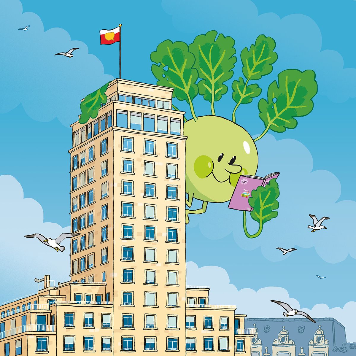 Illustration colorée d’un grand immeuble avec un personnage végétal souriant tenant une tablette, volant parmi les nuages.