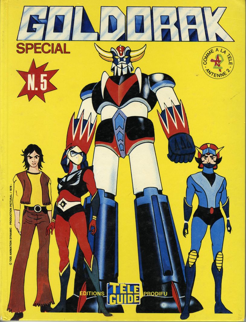 Couverture du magazine Goldorak Special N.5 avec des personnages de l’anime Goldorak sur fond jaune.