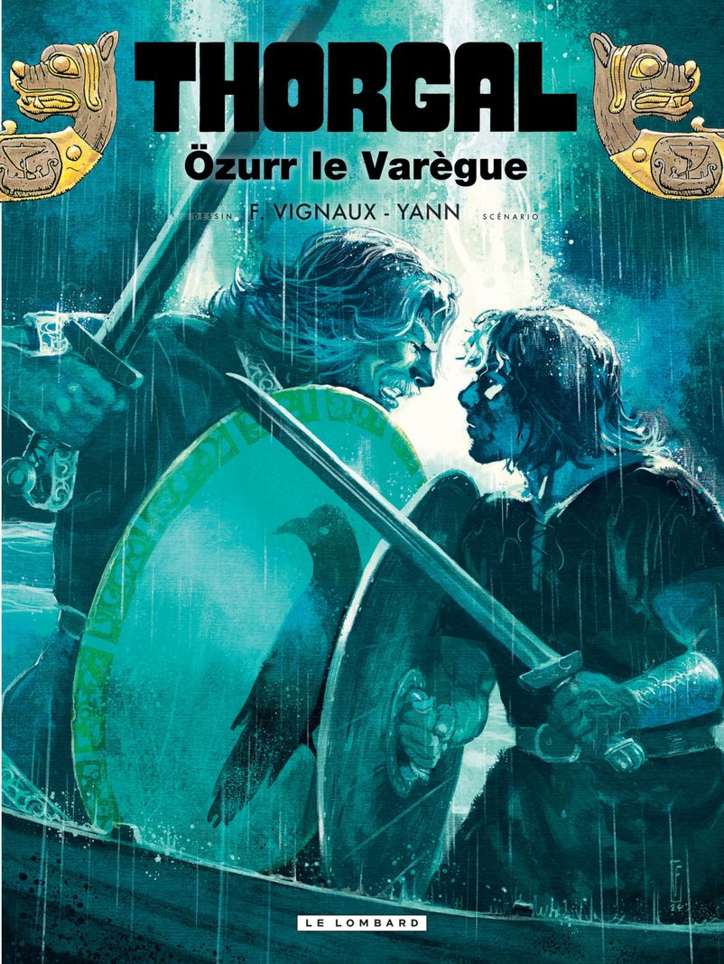 Couverture de bande dessinée Thorgal : deux personnages en combat intense sous la pluie, avec des épées et bouclier.