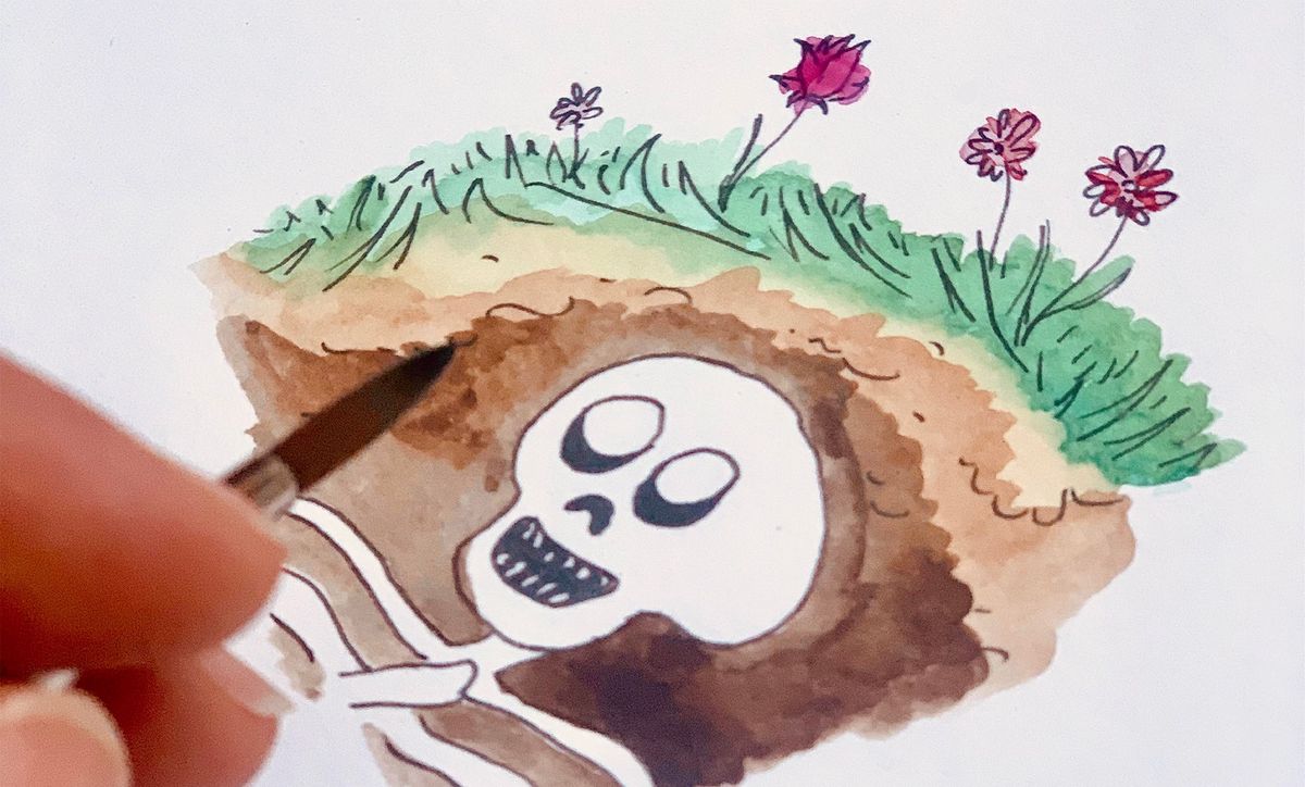 Illustration d’un squelette souriant dans une tombe ouverte, avec des fleurs sur la terre, et une main tenant un pinceau.