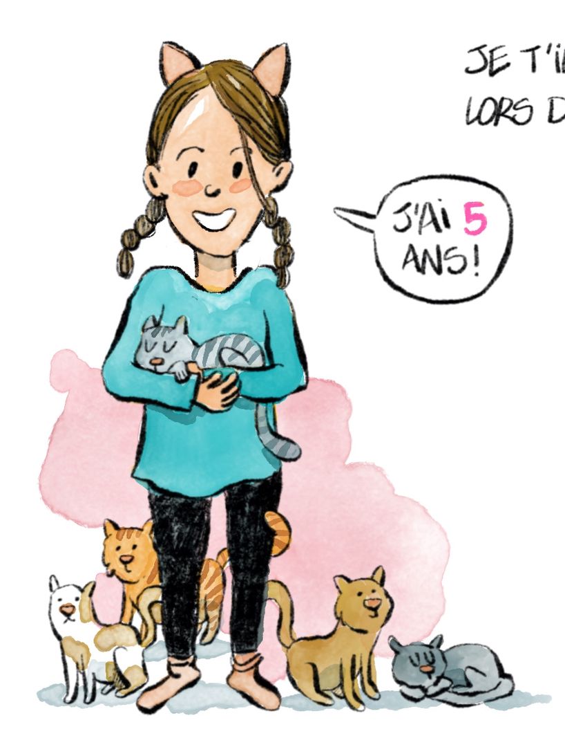 Illustration d’une fillette avec des tresses et des oreilles de chat, tenant un chat gris.