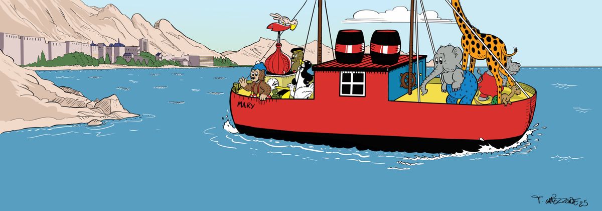 Le bateau de Petzi navigue sur l’eau, avec Petzi et ses amis à bord.