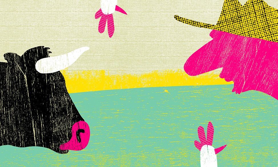 Illustration colorée d’un taureau noir avec des cornes blanches face à une figure humaine rose portant un chapeau jaune.