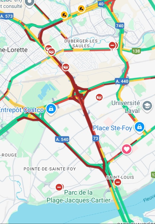 Carte montrant la congestion sur l'autoroute Henri-IV à Québec