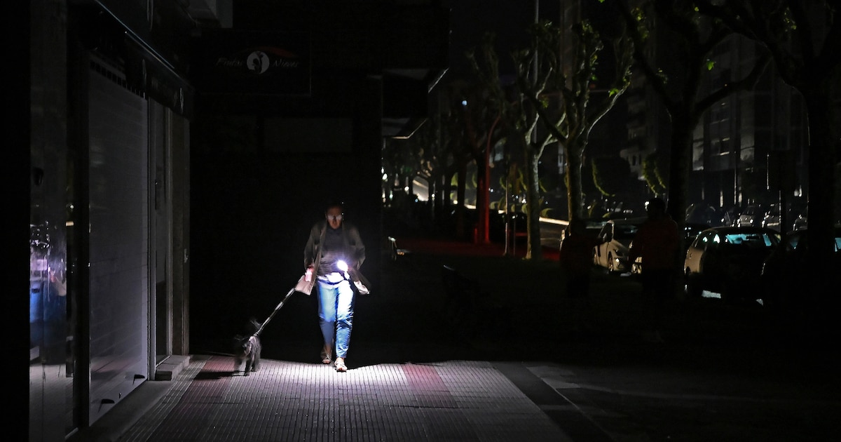 Une passante promène son chien en s’éclairant avec son téléphone à Vigo pendant la panne électrique
