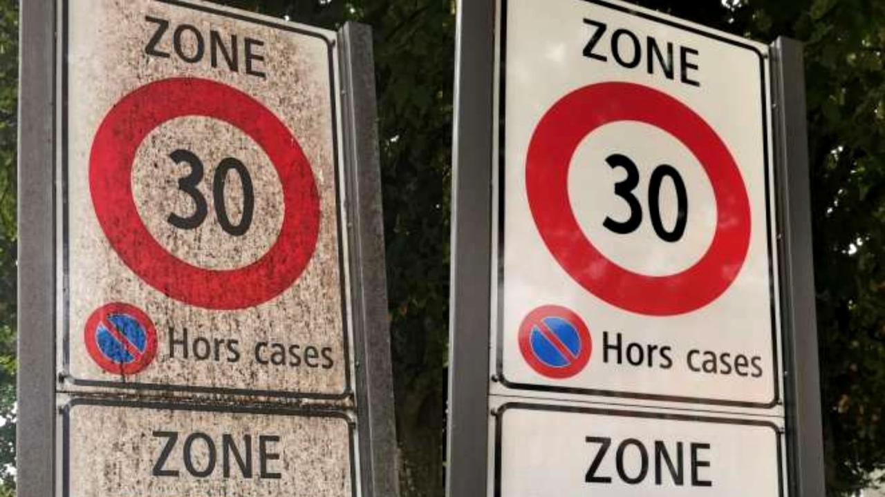 Un panneau de signalisation avant et après avoir été nettoyé. [Ville de Lausanne]