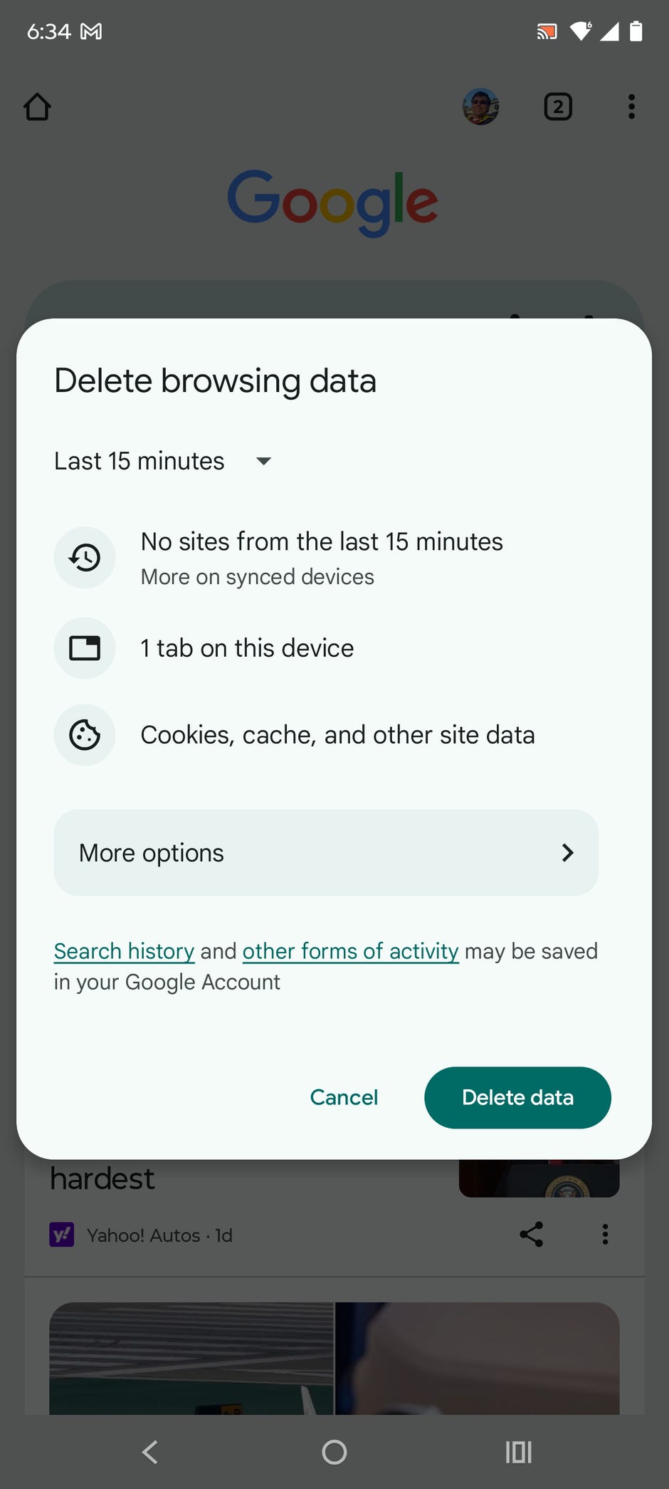 Menu Effacer les données de navigation dans Chrome sur Android