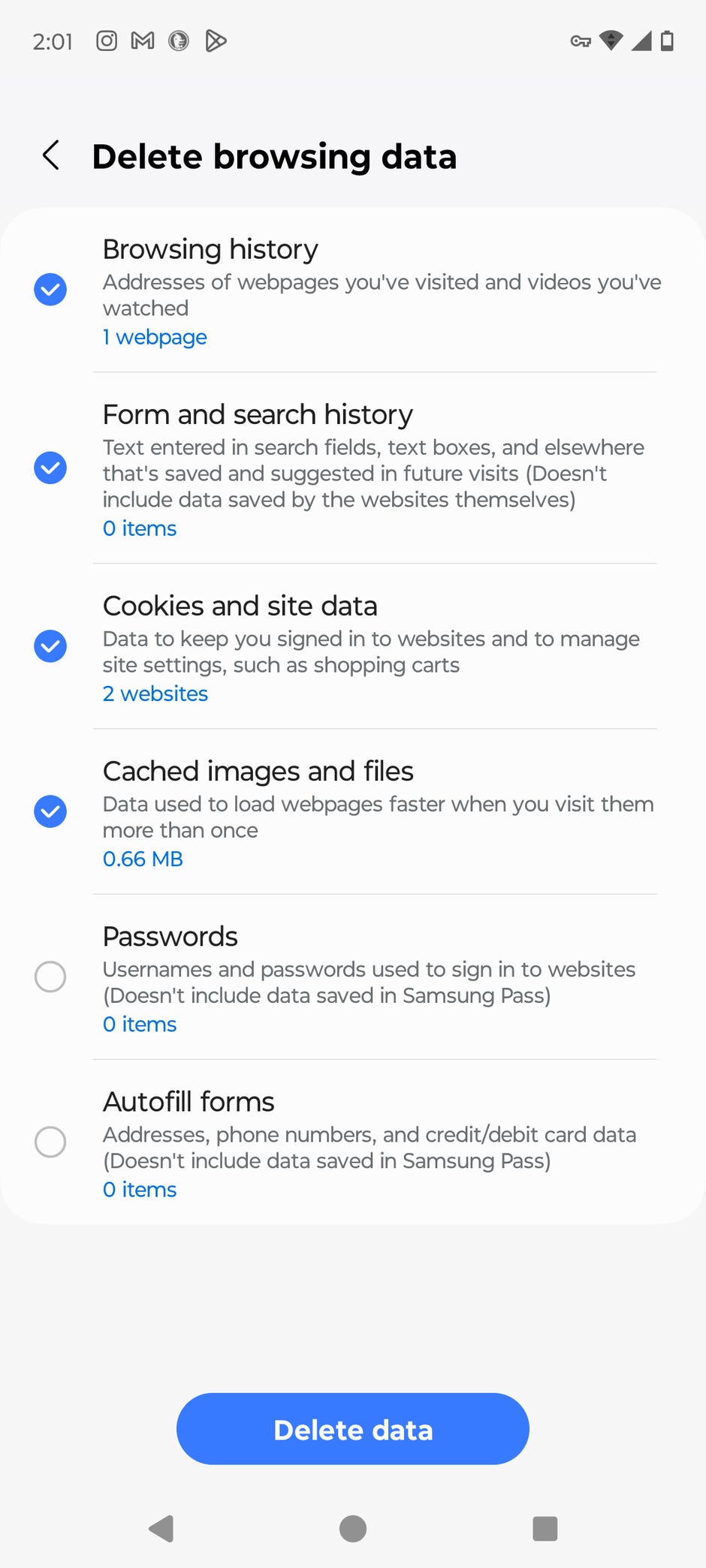 Options pour effacer données et cache dans Samsung Internet