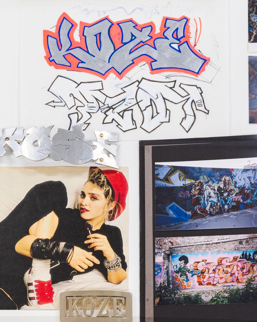 Collage d’images comprenant une illustration de graffiti ’KOZE’, une photo d’une femme posant, et des œuvres d’art urbain.