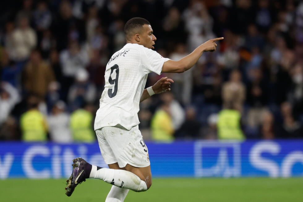 L'attaquant du Real Madrid Kylian Mbappé après son but contre Majorque, à Madrid le 14 mai 2025