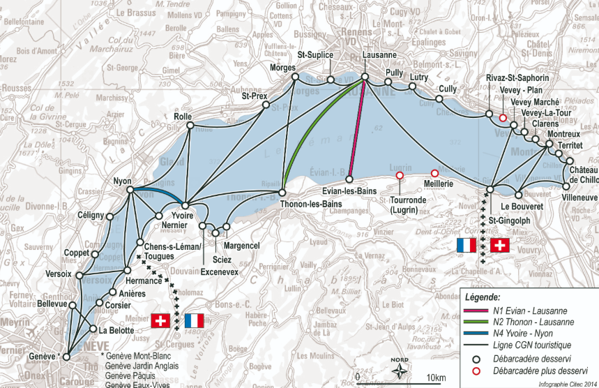 Carte du Léman montrant les itinéraires des lignes de ferry CGN entre la Suisse et la France avec des ports et des drapeaux.