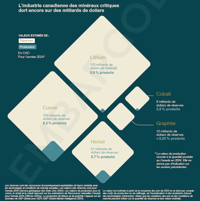 Un diagramme qui aborde les ressources actuelles du Canada en termes de minéraux critiques, et la quantité qu’il utilise.