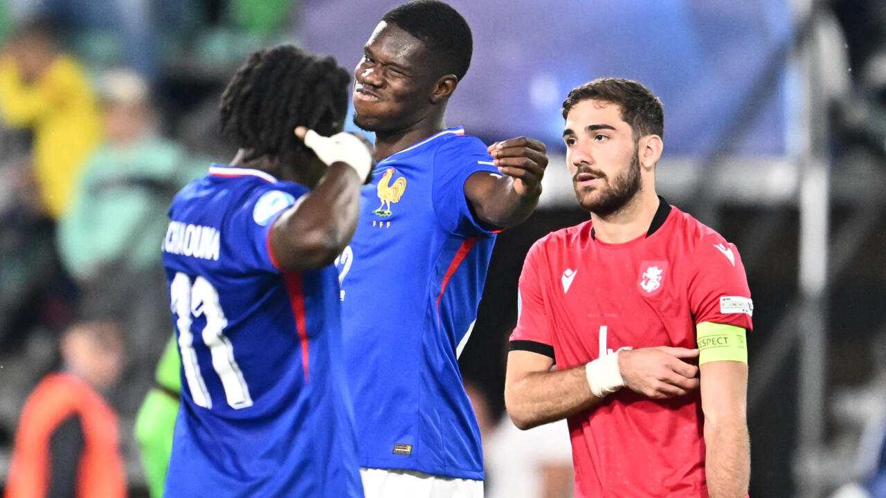 L'attaquant français Thierno Barry célèbre son but inscrit face à la Géorgie, à l'Euro Espoirs, à Zilina, en Slovaquie, le 14 juin 2025