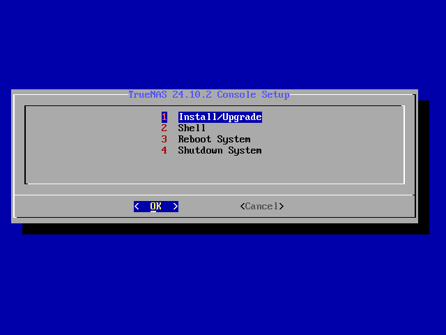 Menu de lancement de la procédure d'installation de TrueNAS SCALE