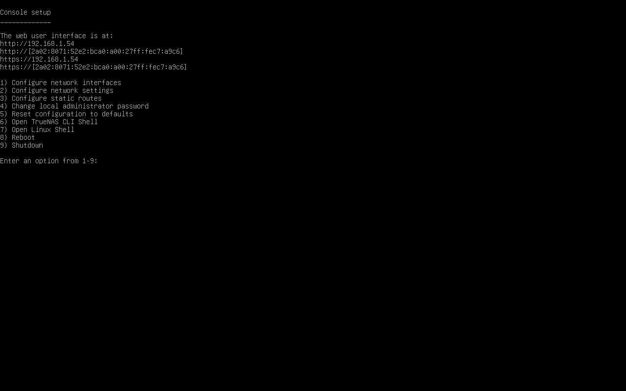 Menu console de TrueNAS SCALE