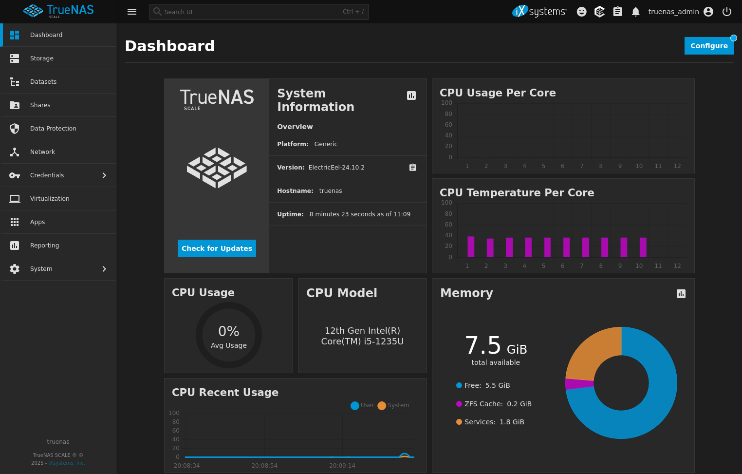 Tableau de bord de TrueNAS SCALE