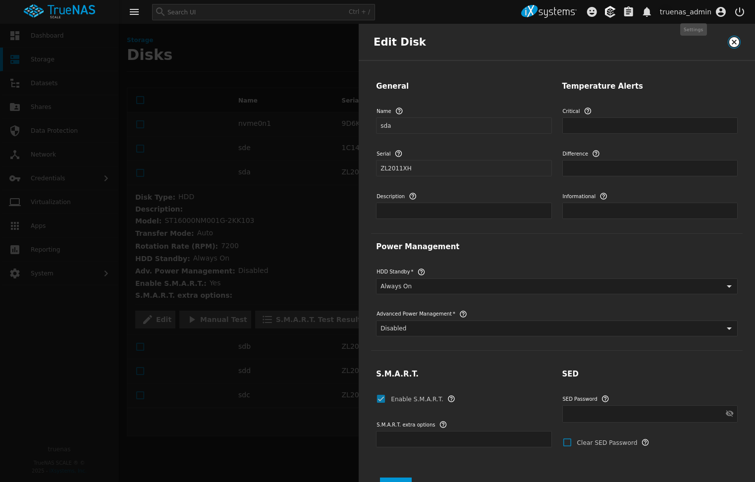 Édition des paramètres d'un disque dur dans TrueNAS SCALE