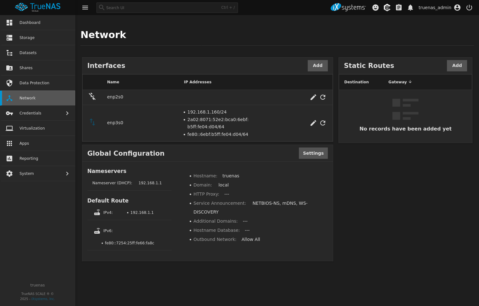Tableau de bord du réseau sur TrueNAS SCALE